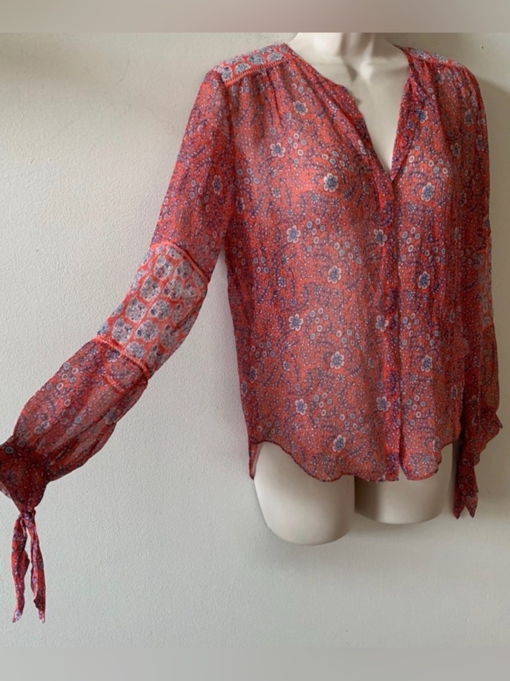 Rebecca Taylor Silk Boho Floral Blouse Tie Sleeve Romantic Top 4 - Picture 6 of 9
